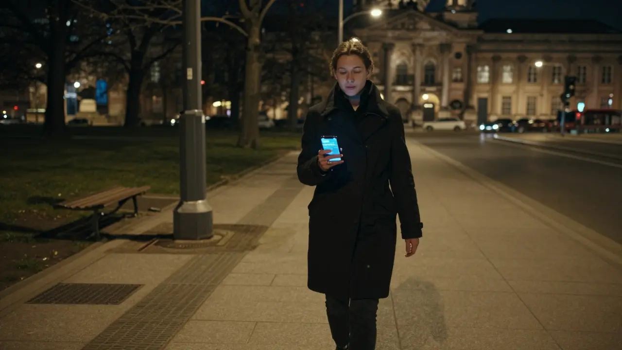 Person walking safely down a well-lit Berlin street with a secure messaging app on their phone.