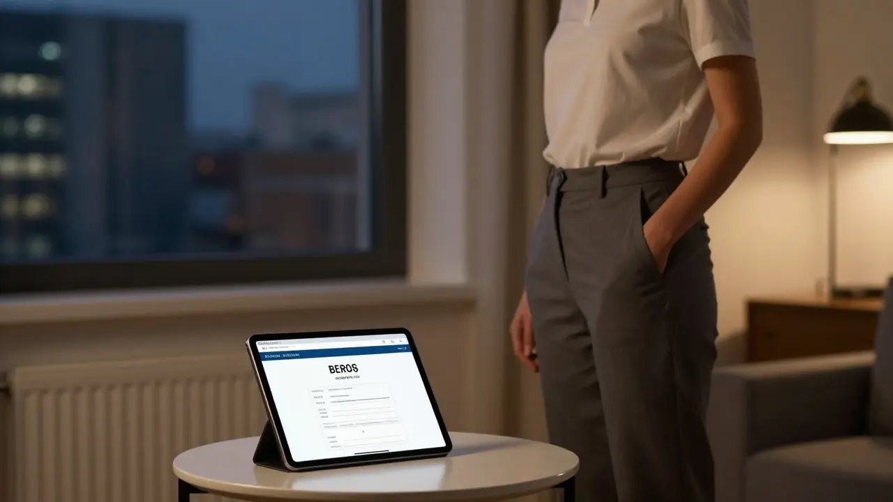 Professional escort in a private Berlin apartment with verified registration displayed on a tablet.