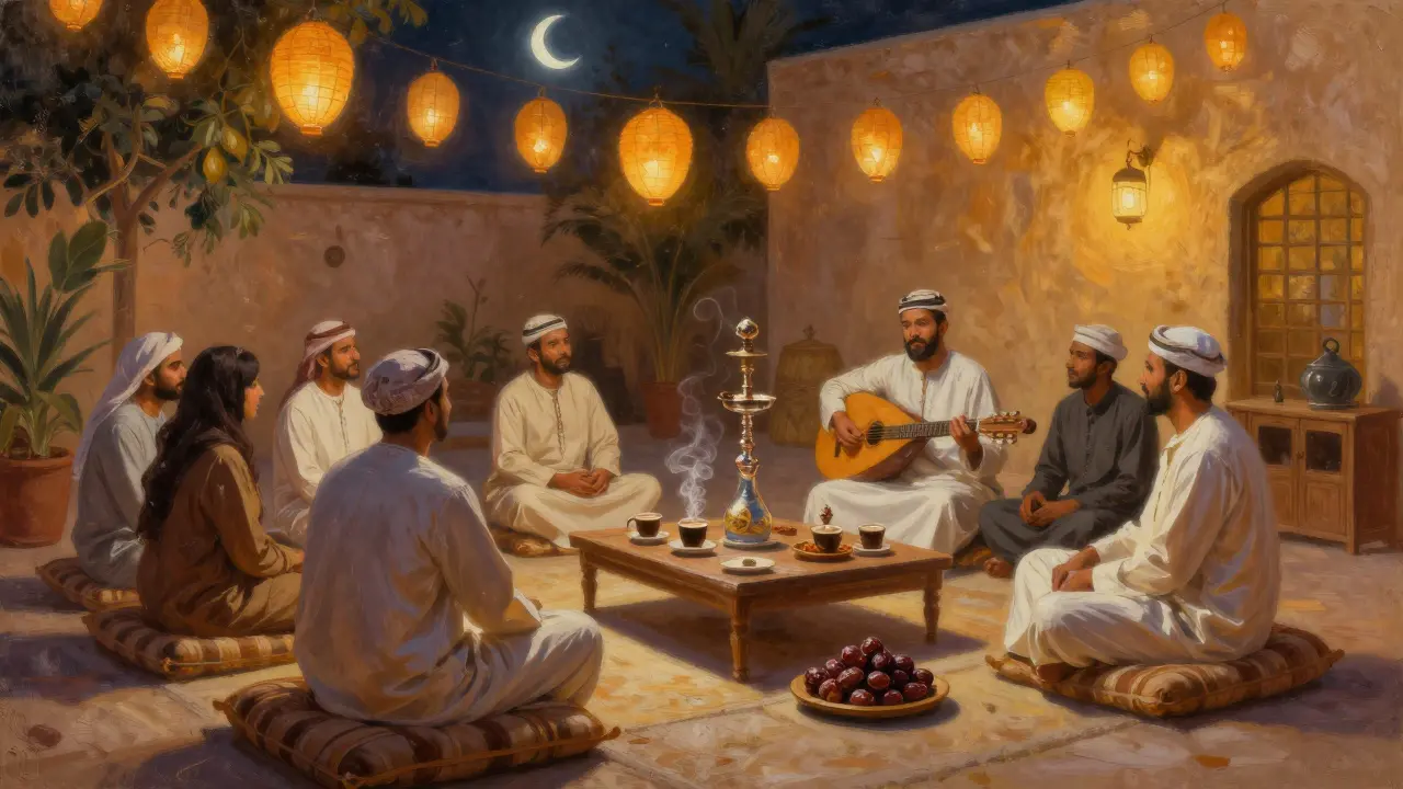 Quiet courtyard at night with lanterns, people listening to poetry and oud music, no alcohol served.