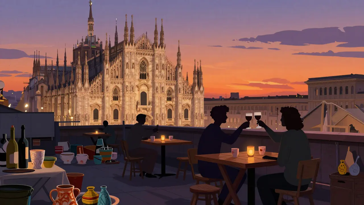 Rooftop bar above a Milan flea market at sunset with the Duomo glowing in the distance.