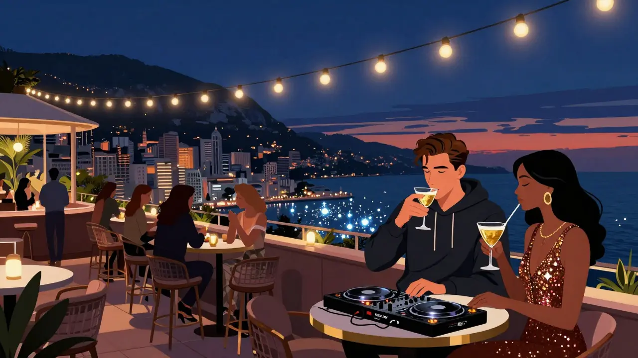 Rooftop lounge at Opium with guests in chic attire, golden cocktails, and the sparkling Monaco harbor below.