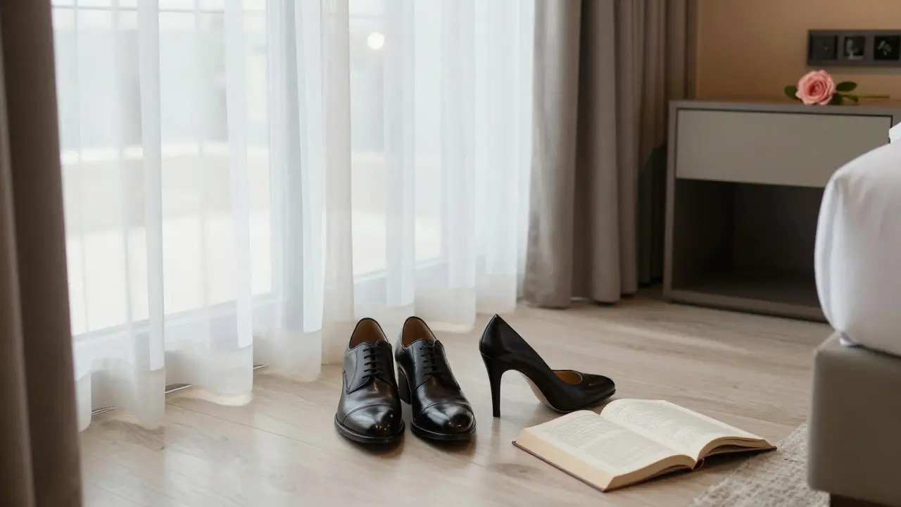 Shoes and a rose on a hotel nightstand, suggesting a respectful companionship.