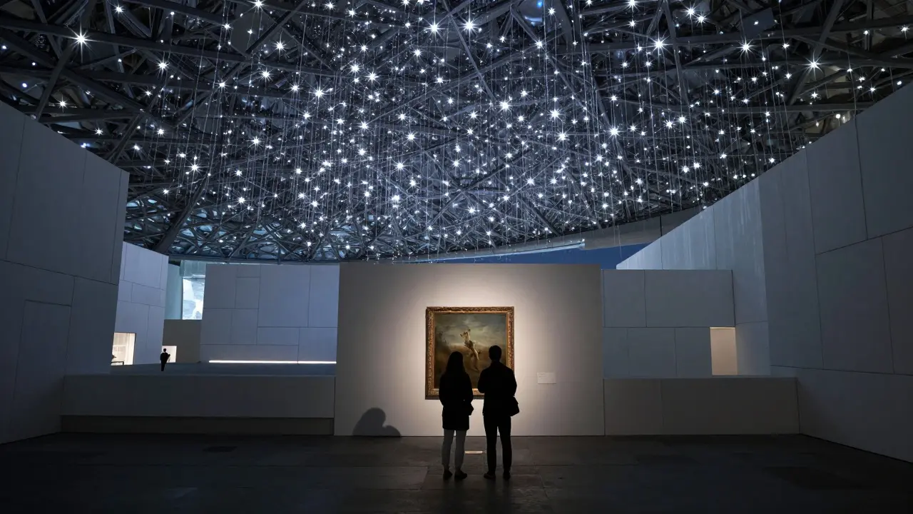 Silent figures beneath The Louvre Abu Dhabi’s starlit dome, light cascading like water, art visible in the shadows, no faces shown.