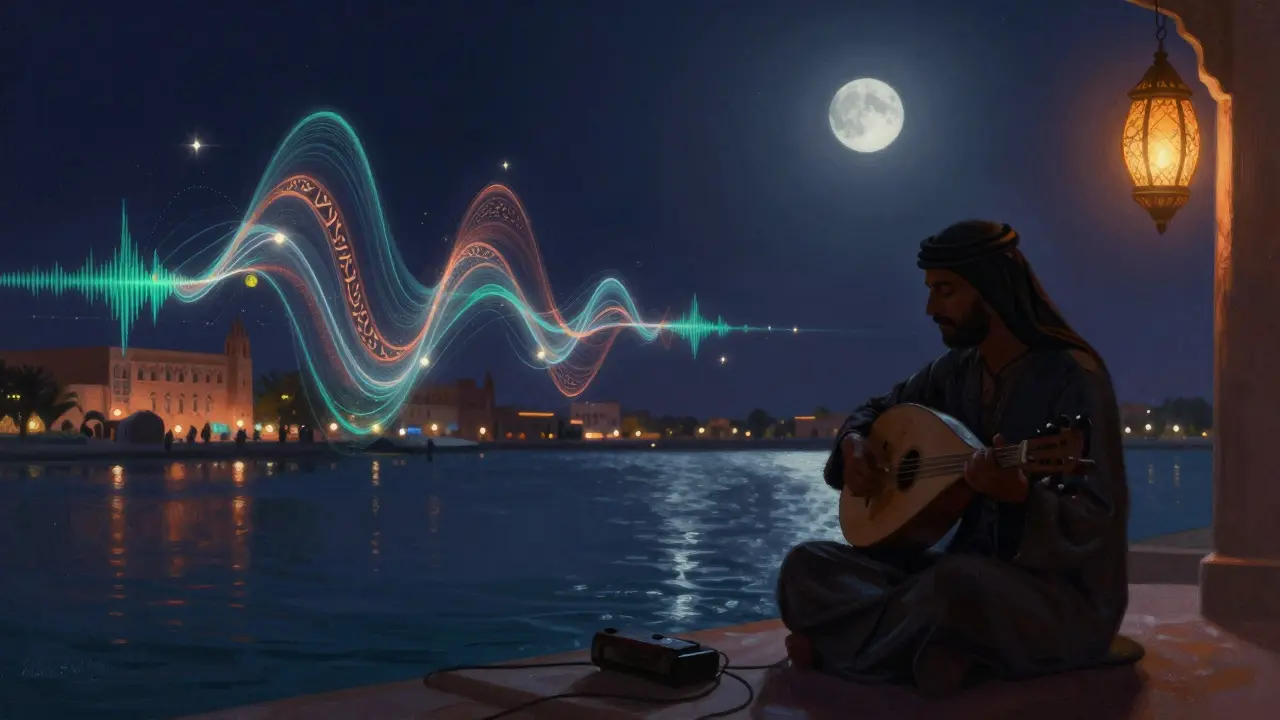 Silhouette of a musician playing oud at Al Qasba, with digital sound waves blending traditional and modern music.