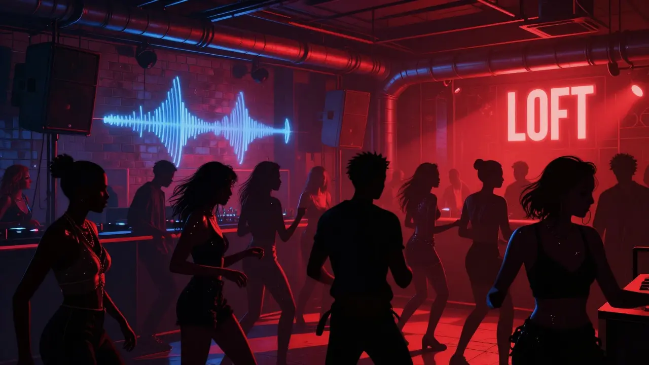 Silhouettes of a crowd moving as one in a dimly lit underground club with pulsing neon lights.