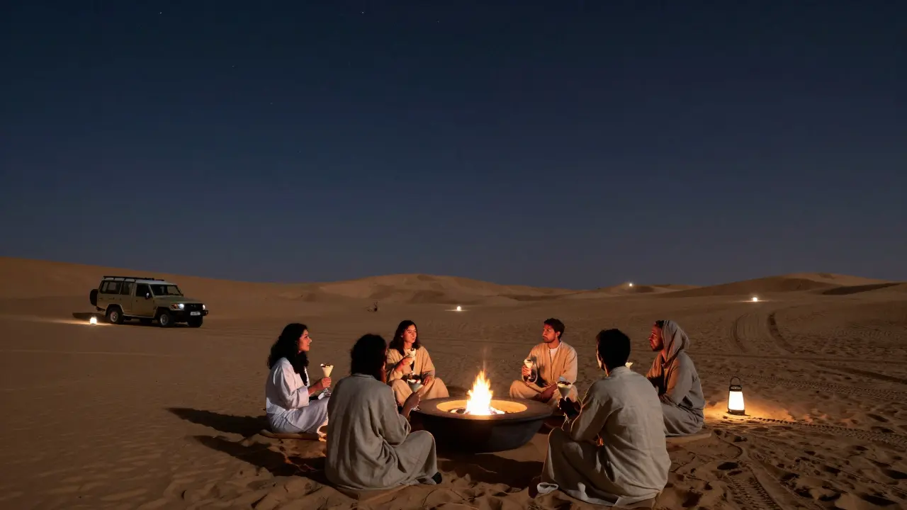 Silhouettes of guests around a fire pit in the desert, under a starry sky at Al Maha Resort’s exclusive Desert Lounge.