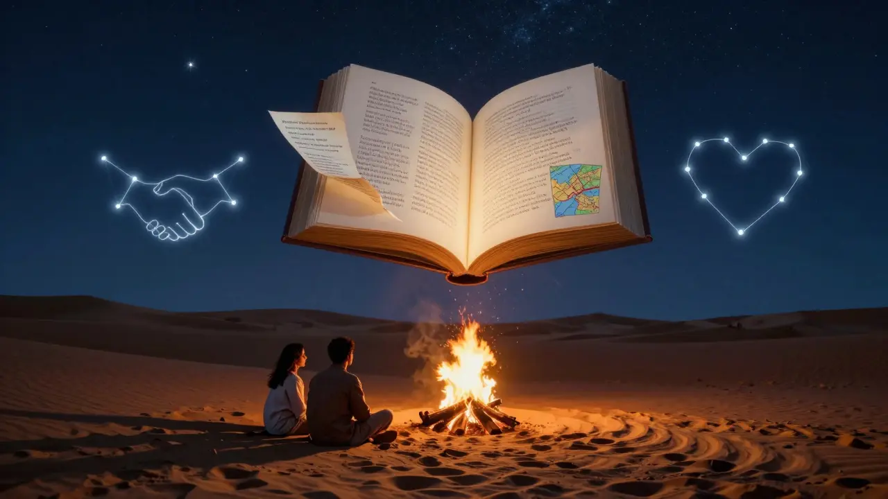 Surreal desert night with a floating book above a campfire under starlit skies.