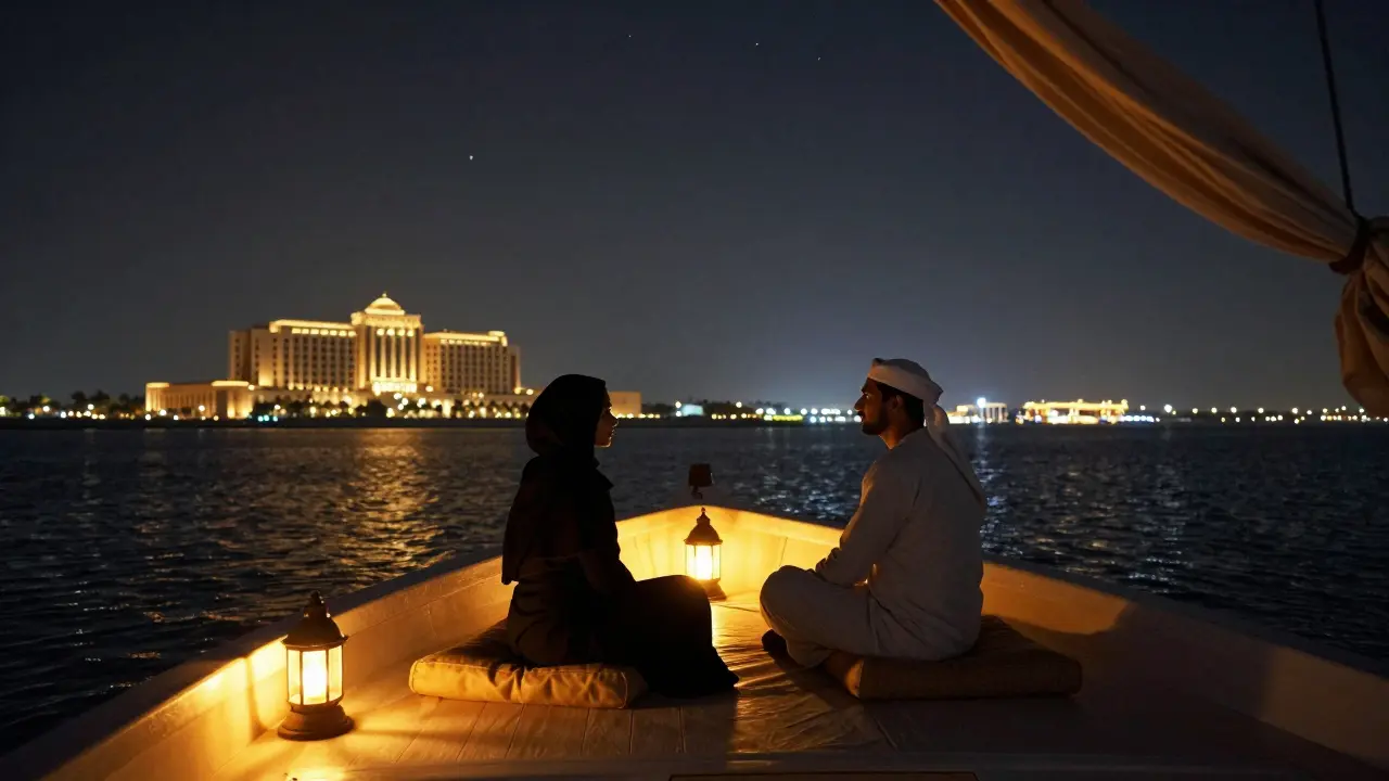 Two figures sit quietly on a dhow cruise at midnight, golden lanterns glowing, Emirates Palace lit in the distance, stars reflecting on water.