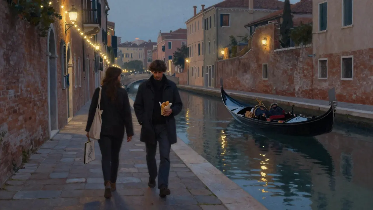 Two figures walking peacefully along the Navigli canal at sunset in Milan.