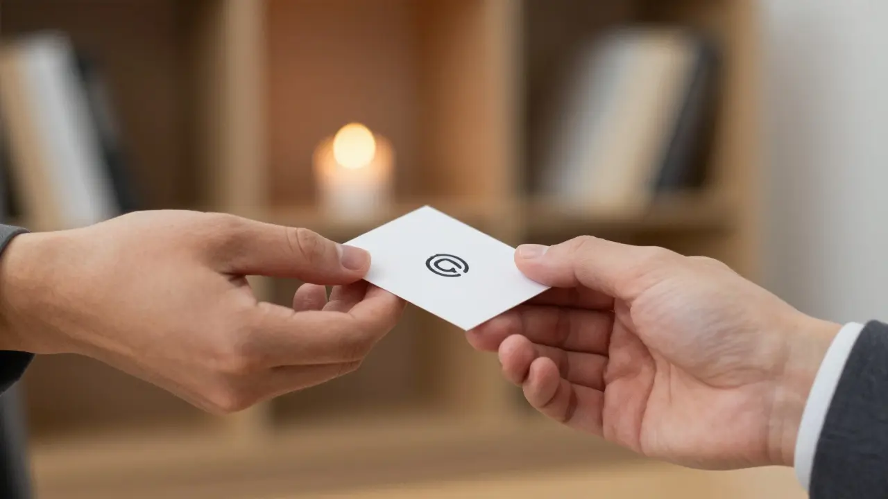 Two hands exchanging a business card in a quiet, warmly lit setting.