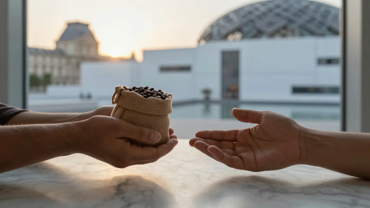 Two hands exchanging a small bag of coffee beans on a marble table with the Louvre Abu Dhabi in the background.