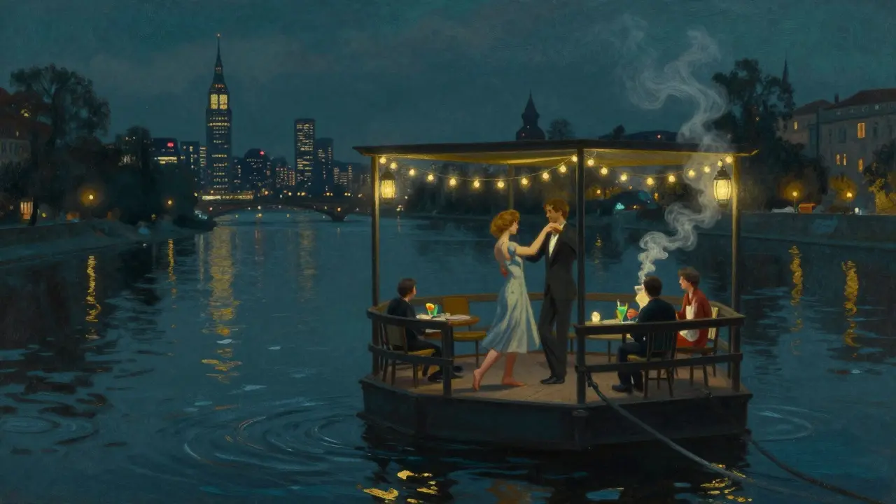 Two people dancing on a floating club deck on the Spree River, city lights reflecting on water.