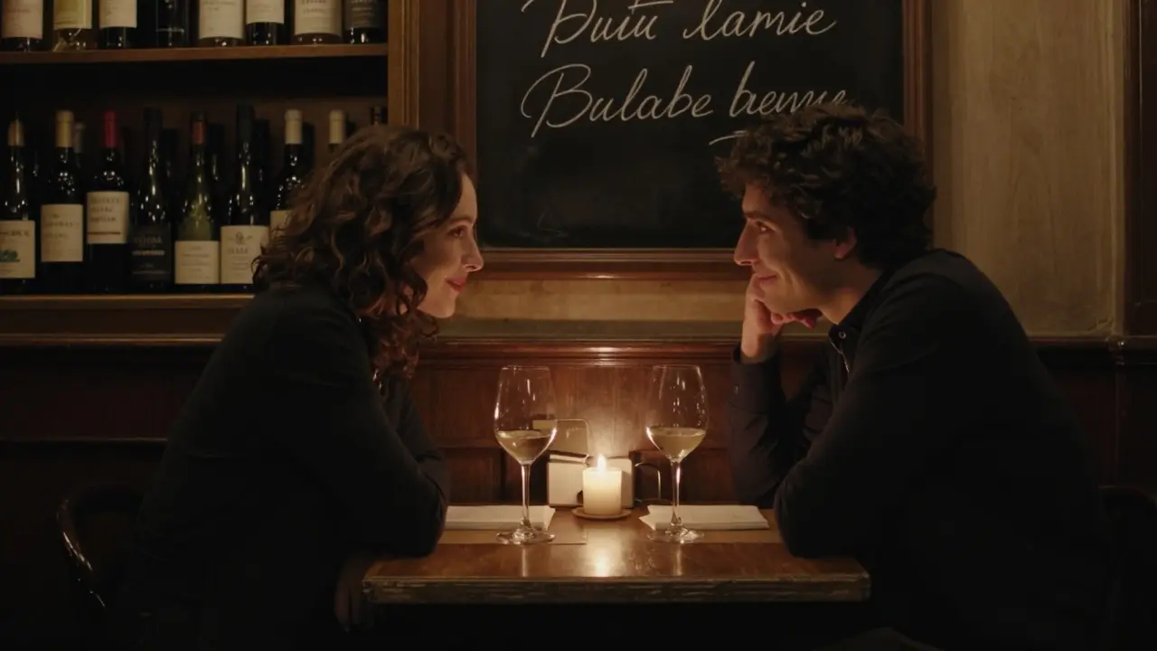 Two people share a quiet, intimate dinner in a cozy Parisian bistro, connected by silence and candlelight.