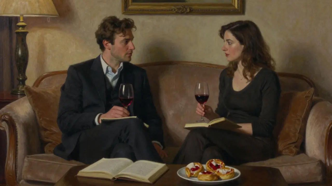 Two people share a quiet moment over wine in a refined hotel suite, connecting through conversation.