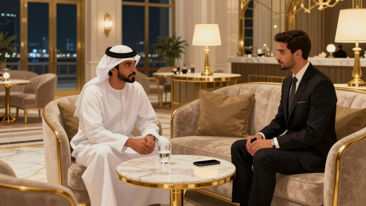 Two people talking calmly in a luxurious hotel lounge, no physical intimacy.