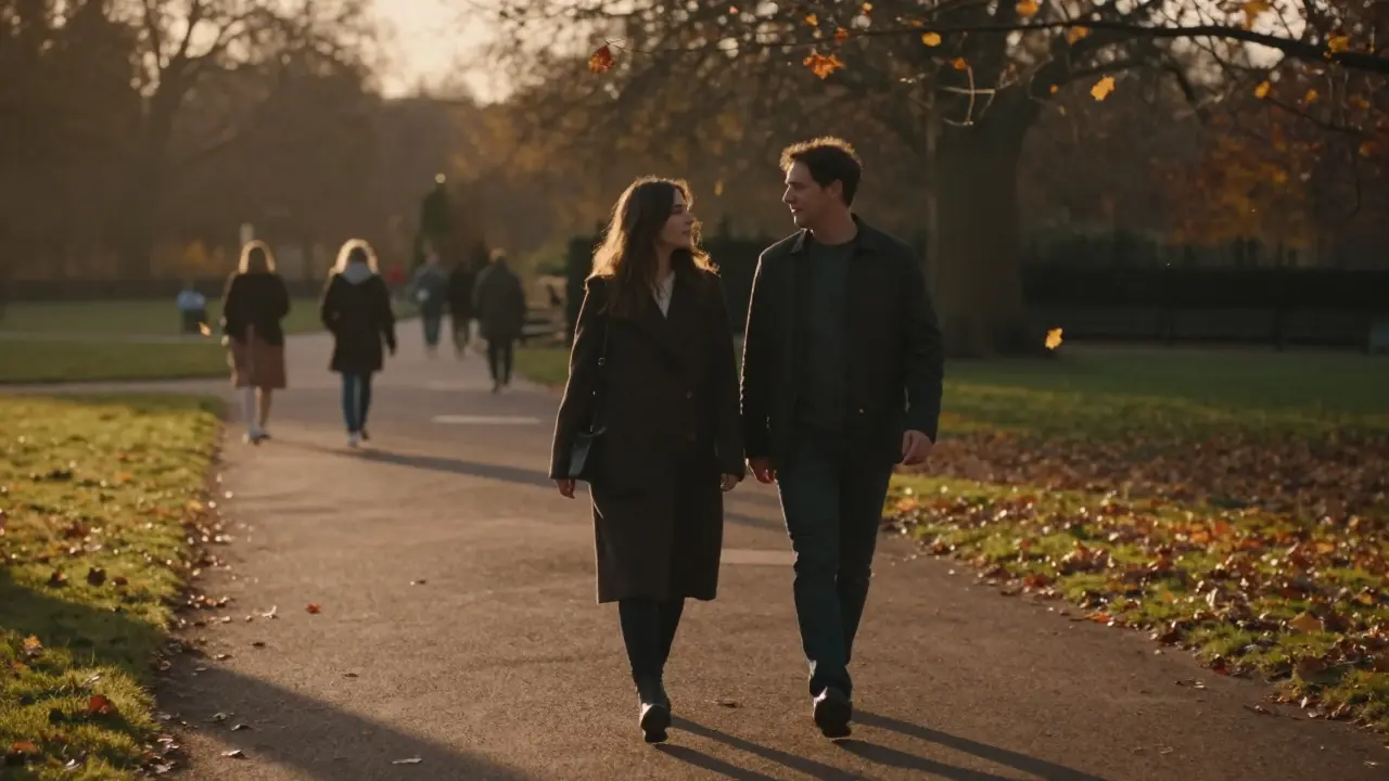 Two people walking peacefully along a park path at sunset, autumn leaves falling around them.