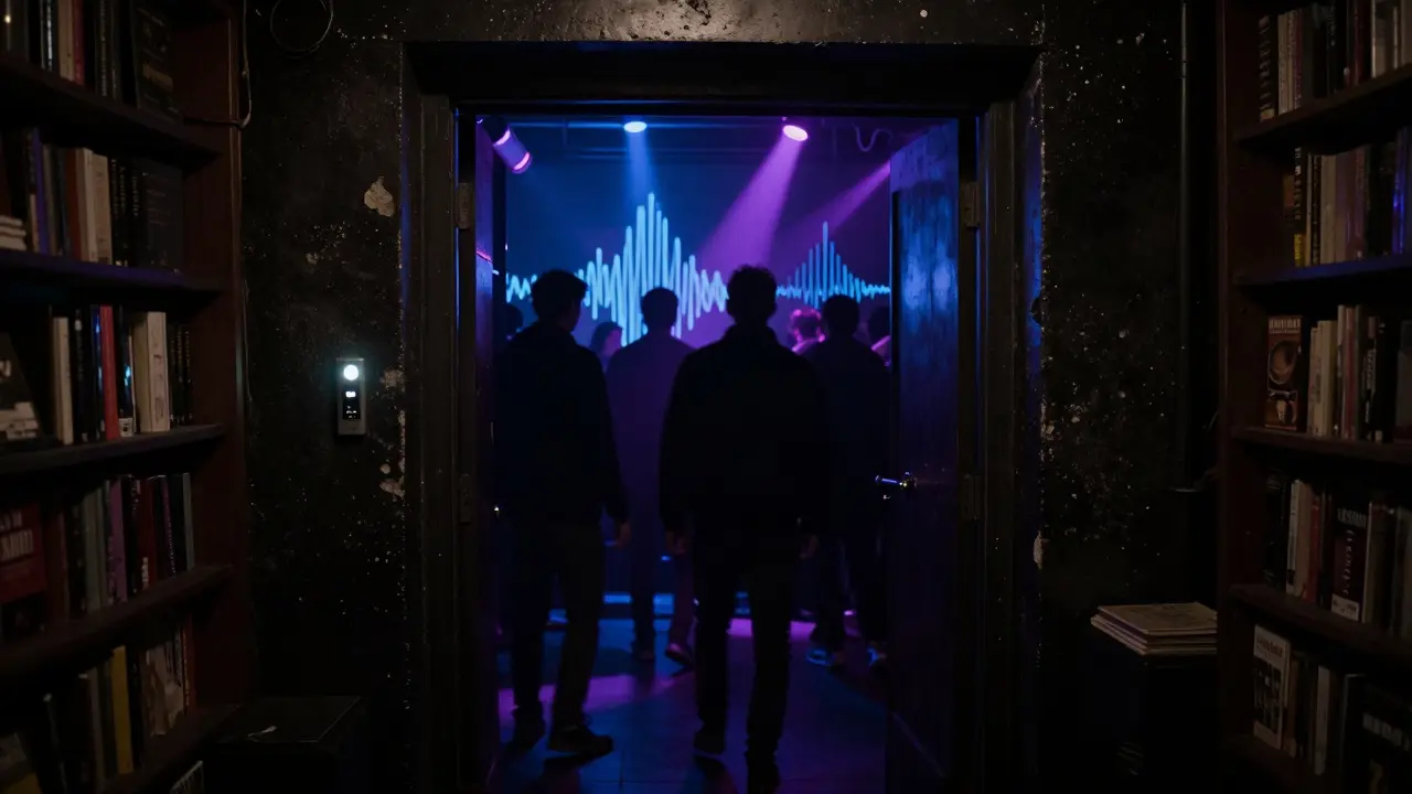 Underground club entrance in Milan’s Zona Tortona, hidden behind a bookstore with faint red light.