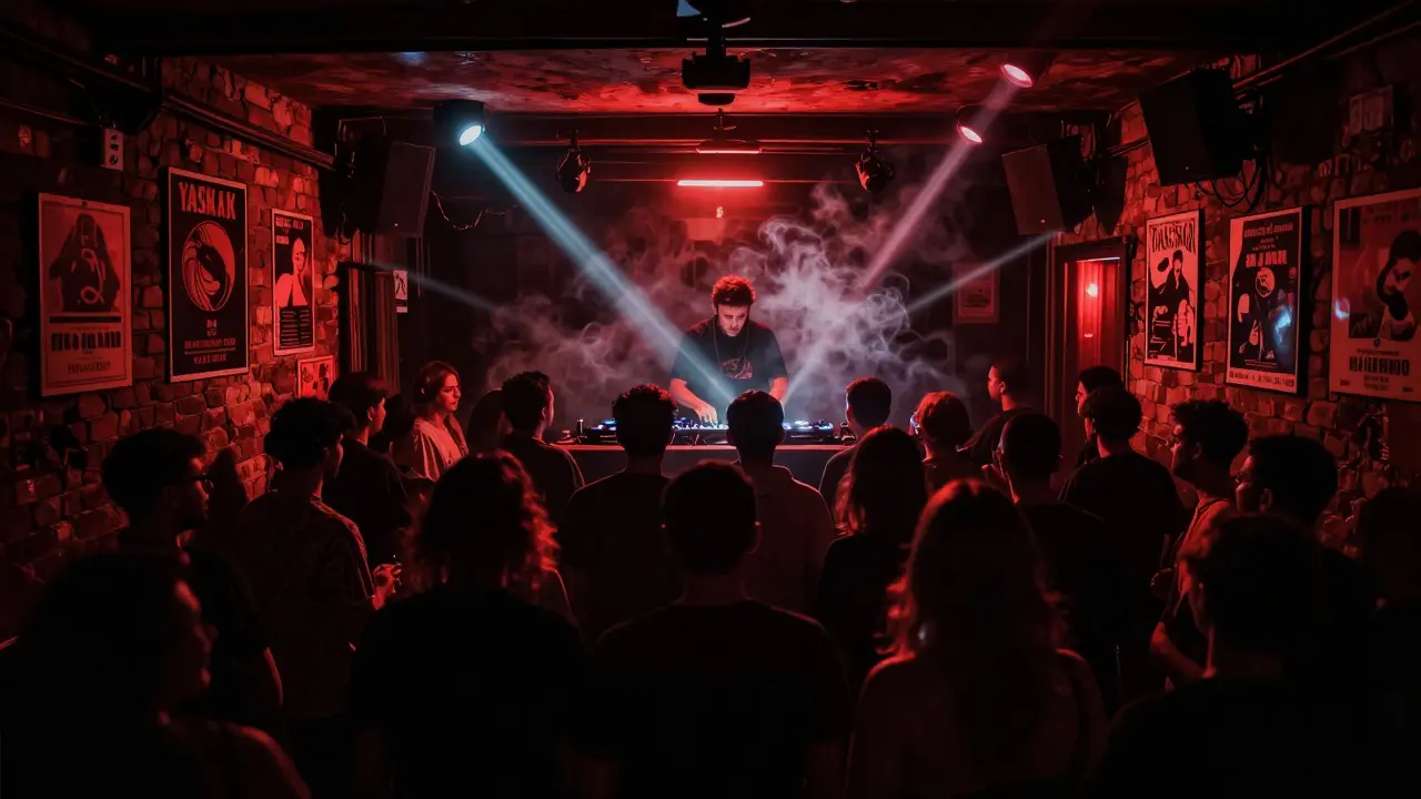 Underground club Yasak with pulsing lights and crowd dancing in a dim basement space.