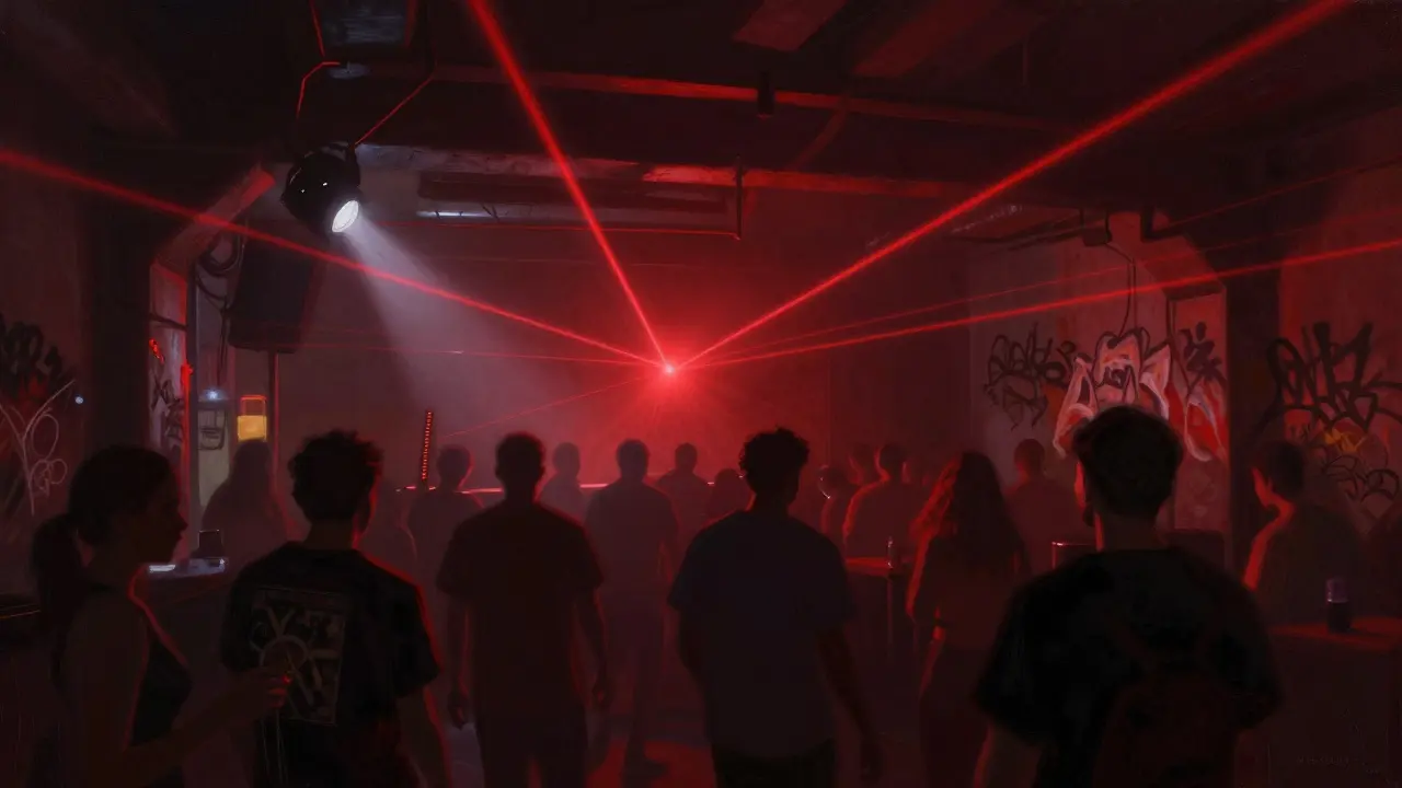 Underground party at XO Dubai with red lasers and bass-driven energy in a dim, industrial space.