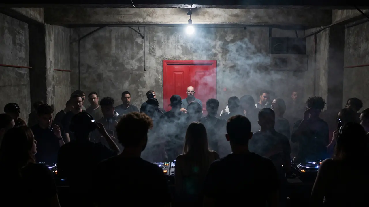 Underground techno party in a dim warehouse with a single red door and intense strobe lighting.