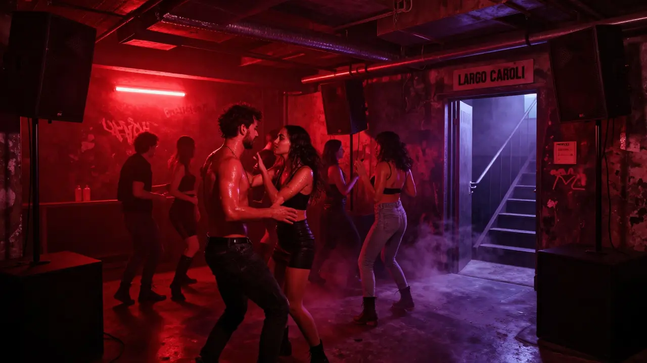 Underground techno warehouse in Largo Cairoli with red lighting, dancers, and bass speakers in a dark industrial space.
