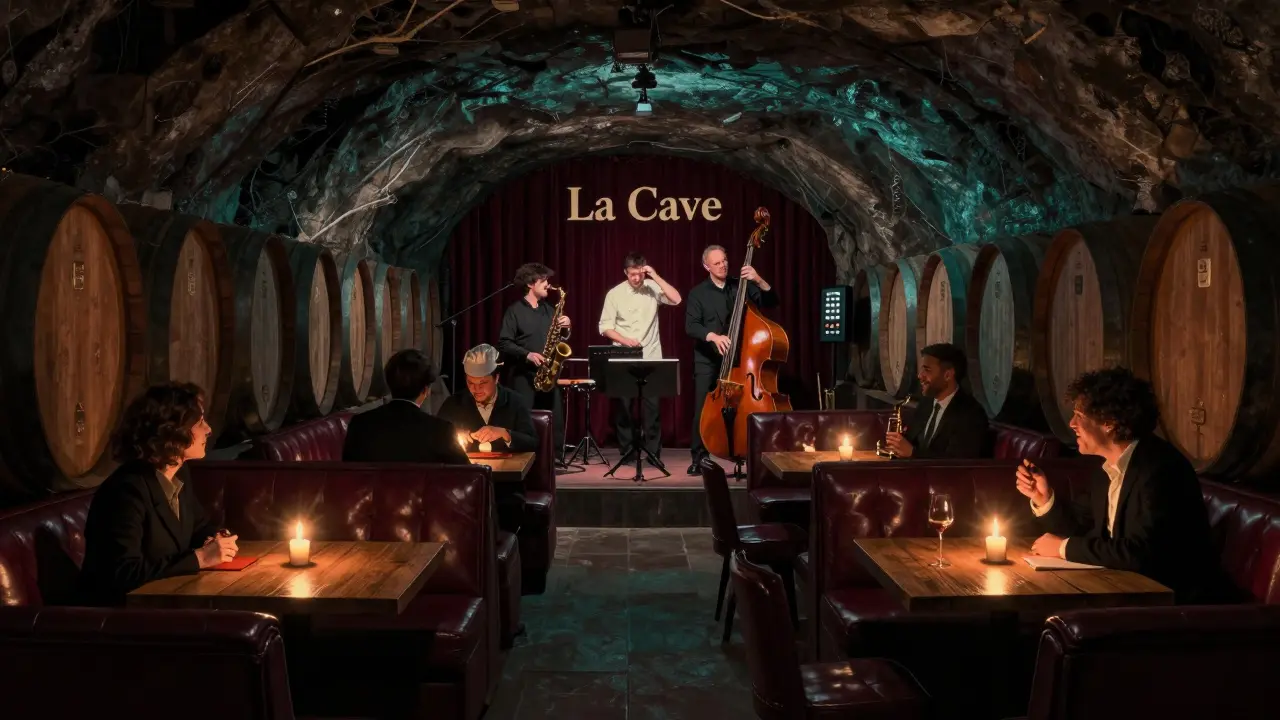 Underground wine cellar bar with barrels, candlelight, and a small jazz band performing for quiet patrons.