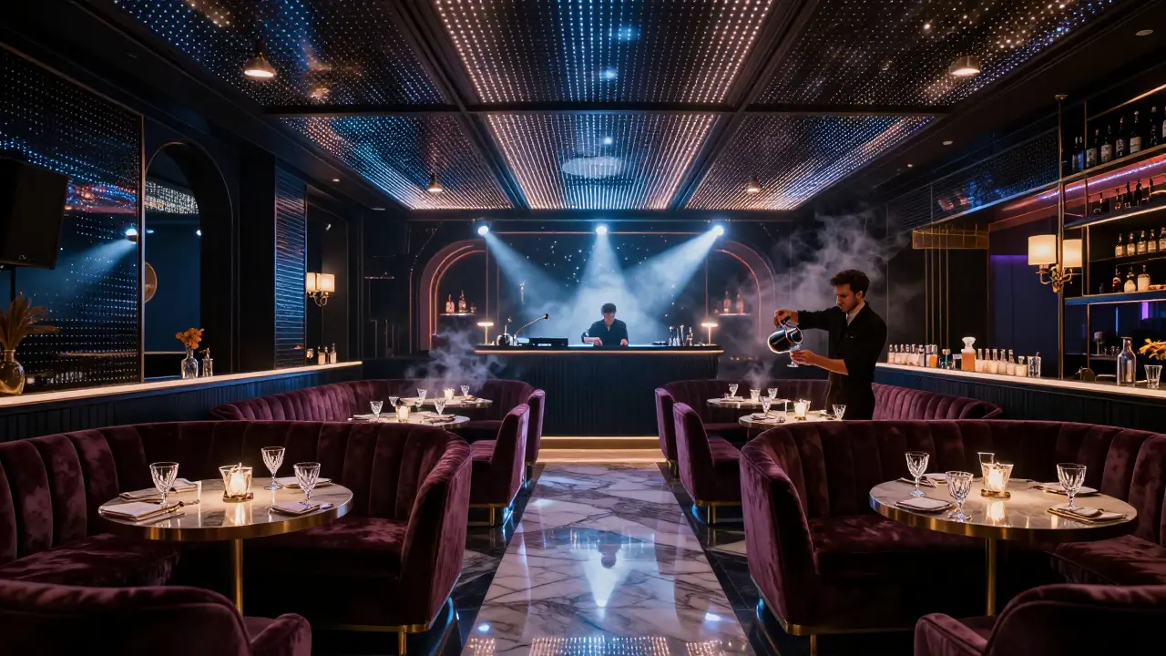 Vibrant Le Palais nightclub with synchronized lights and VIP booths, global DJ performing under dazzling beams.