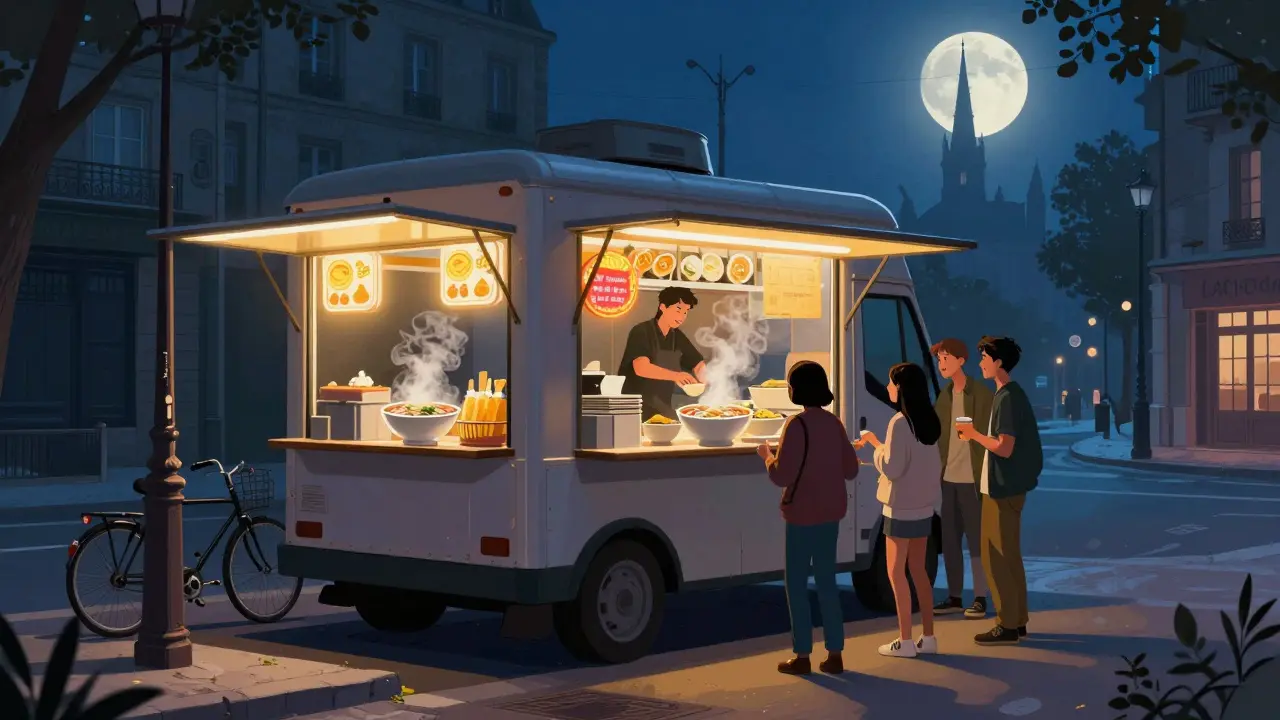 Vietnamese food truck serving steaming pho at 1 a.m. on a quiet Paris street, steam rising under moonlight.