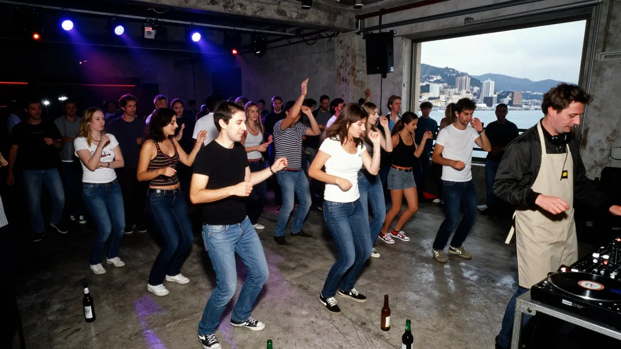 Warehouse nightclub with strobe lights, locals dancing on concrete floor, no dress code, raw and authentic energy.