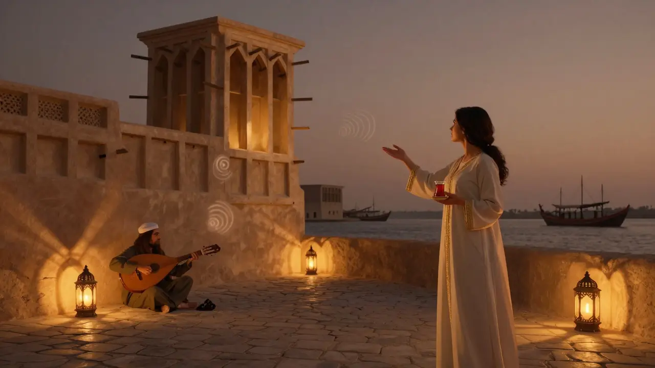 Woman guiding a client through Al Fahidi Historic Neighborhood with lanterns and oud music.