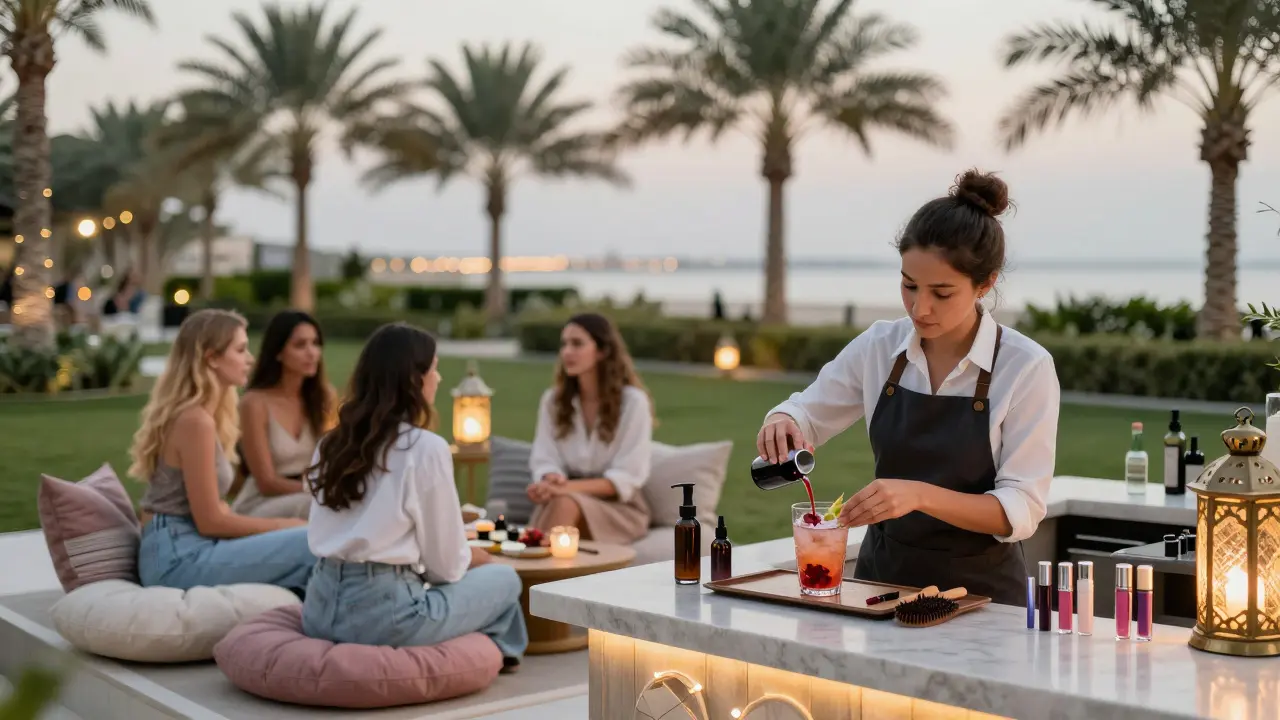 Women relaxing in a garden bar with fairy lights, sipping mocktails at a beauty station.