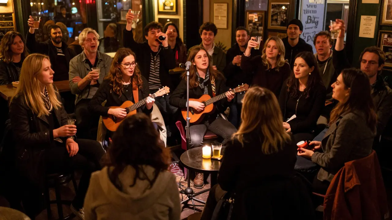 A casual pub crowd sings together at a small mic stand, some holding drinks, others playing instruments in warm ambient light.