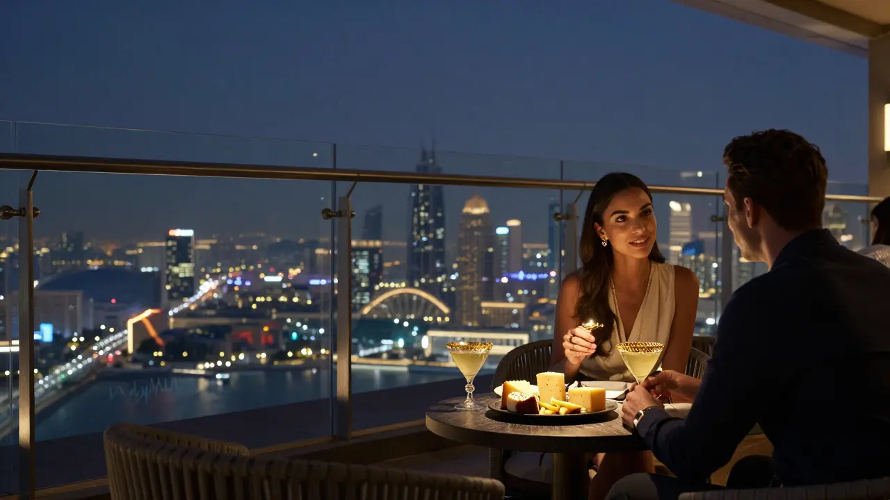 A couple enjoying cocktails with a panoramic view of Abu Dhabi's glittering skyline from a high-rise lounge.