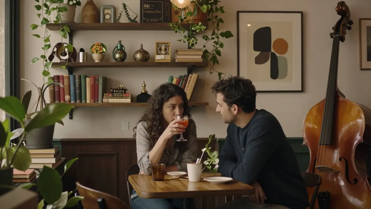 A couple enjoying quiet conversation in a cozy, book-filled hidden bar in Paris.