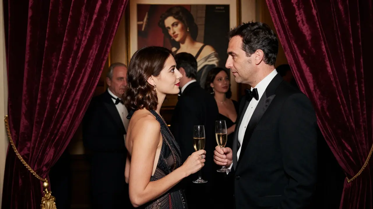 A couple in formal attire converse at a private La Scala after-party, surrounded by blurred cultural elites under soft spotlighting.