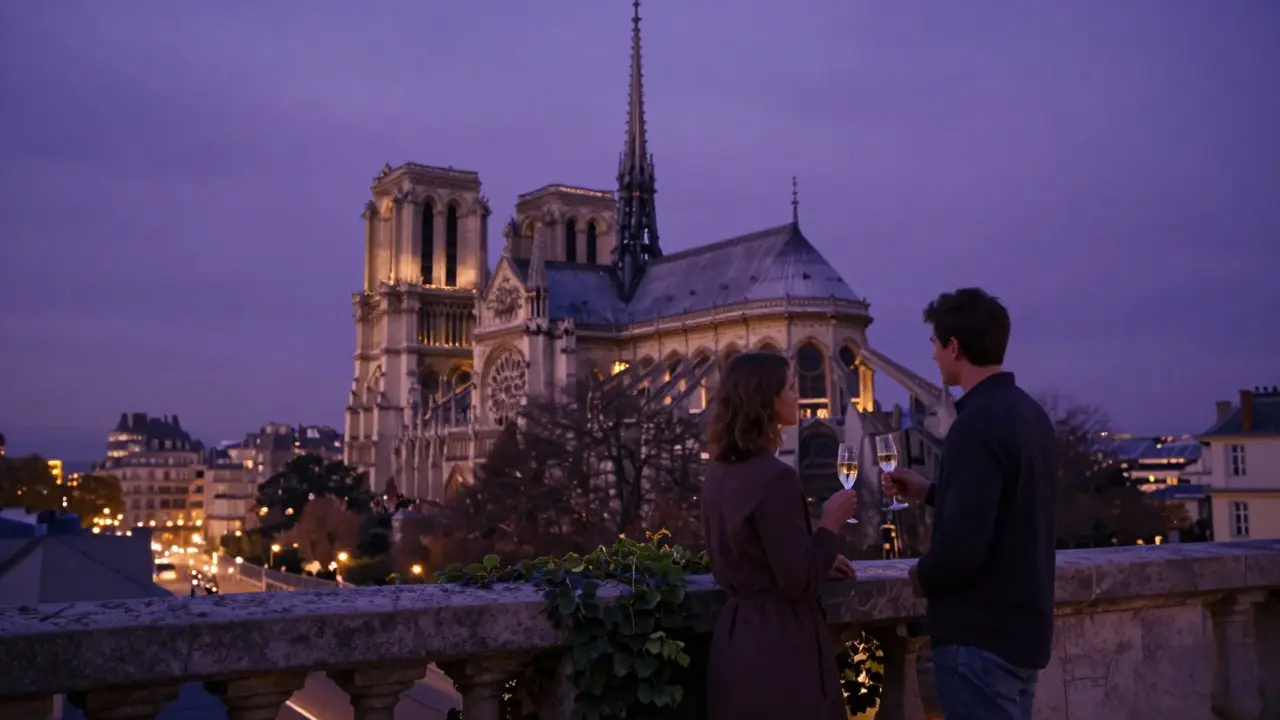 A couple toasts on a rooftop terrace at twilight, Notre-Dame silhouetted against a violet sky as city lights twinkle below.