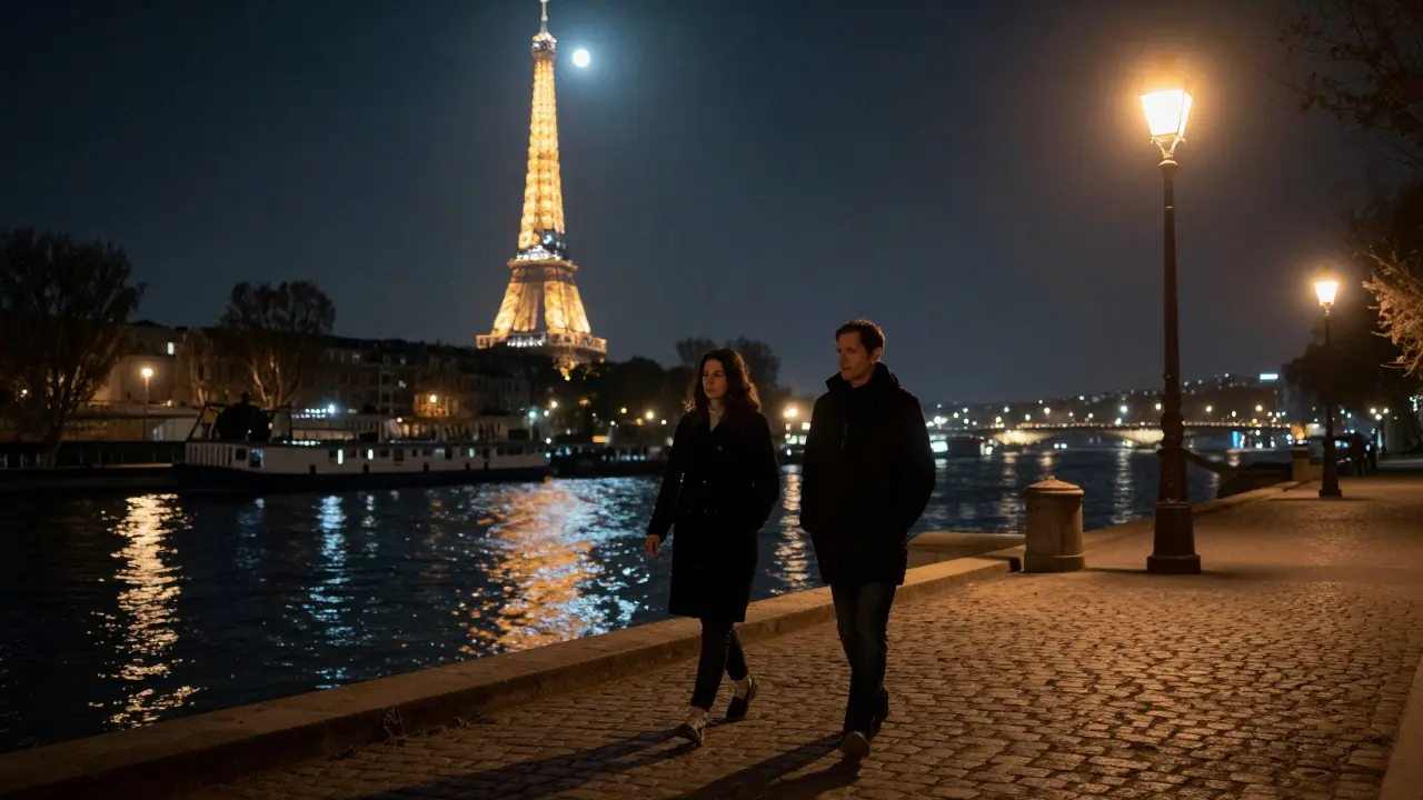 A couple walking silently along the Seine at midnight as the Eiffel Tower sparkles in the distance.
