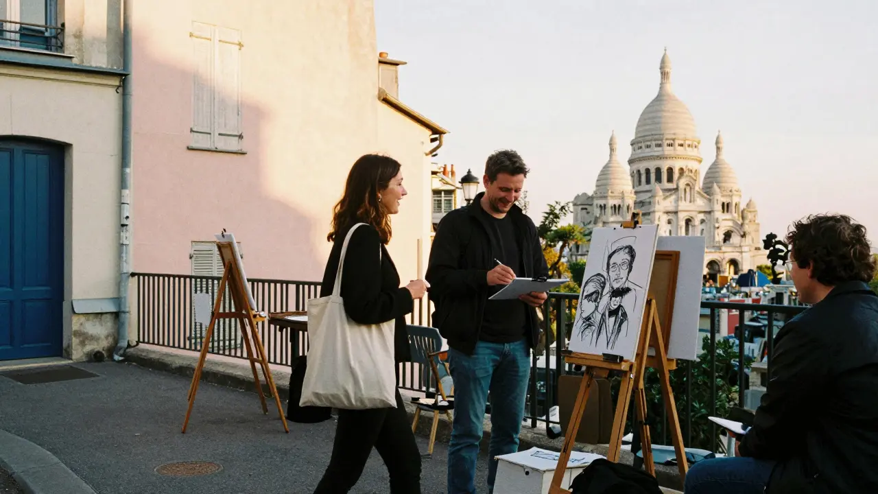 A couple walking through Montmartre at golden hour, laughing beside a street artist sketching portraits.