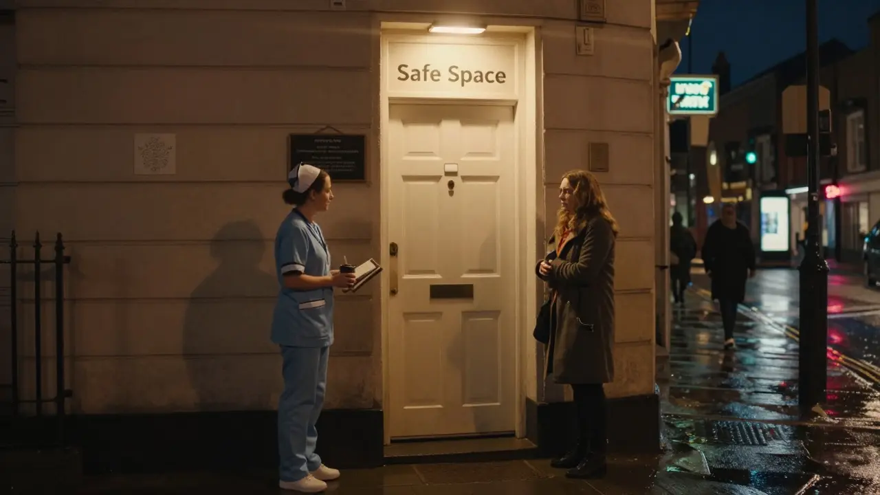 A discreet safe space door glows at night in Southwark, with support workers offering help under a lamplight.