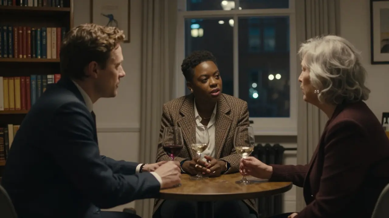A diverse group shares quiet conversation over wine in a cozy London flat, bathed in warm ambient light.