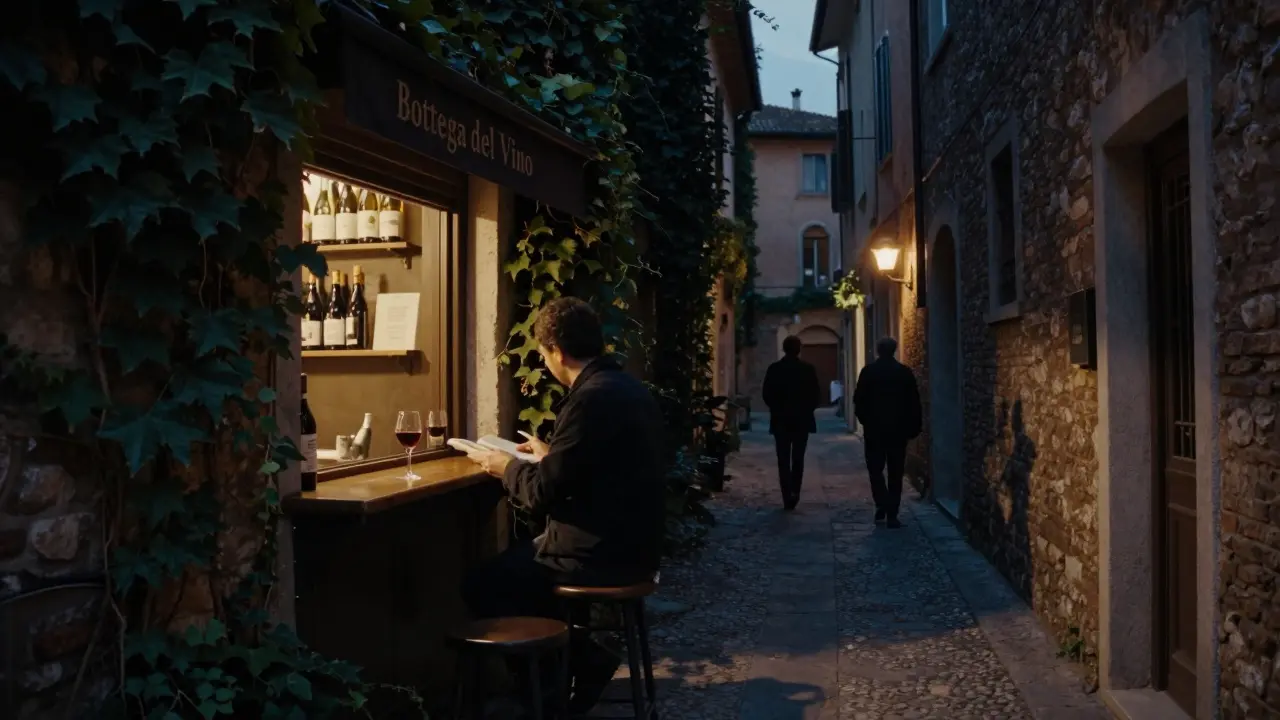 A hidden wine bar in Brera’s alleyway with a glowing glass of red wine and shadows of two figures in twilight.