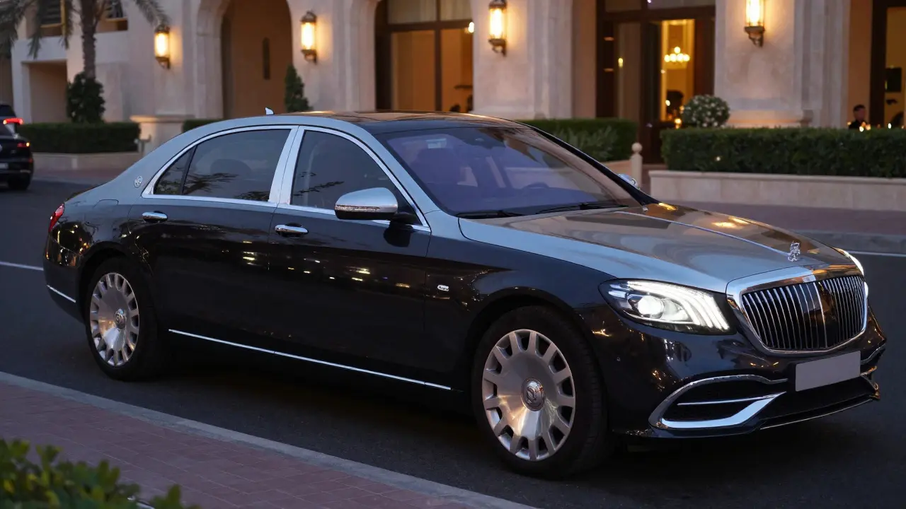 A luxury sedan parked outside a hotel at dusk, conveying silent professionalism and privacy.