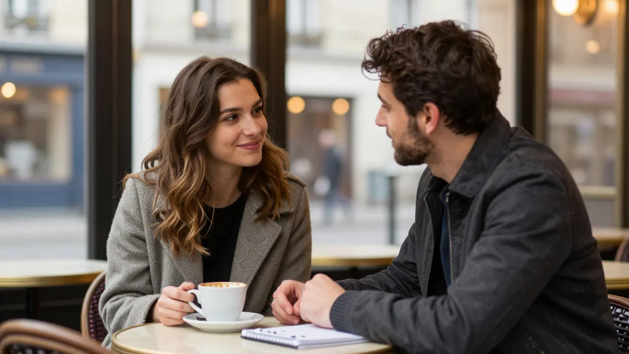 A man and woman have a quiet, respectful conversation in a Paris café, with coffee and a notebook between them.