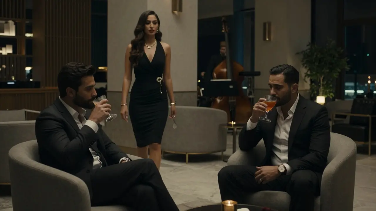 A man and woman meeting at Zeta Lounge, engaged in quiet conversation under soft jazz lighting.