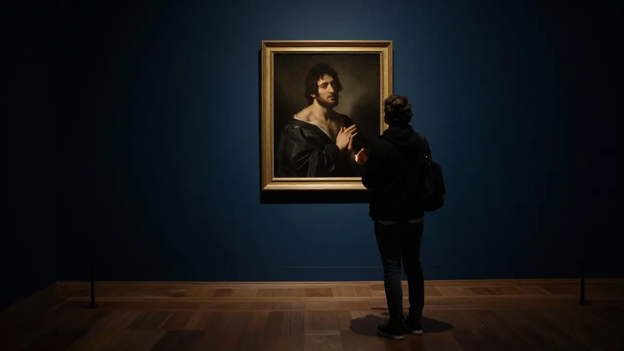 A man and woman view a Caravaggio painting in Brera Gallery after hours, illuminated by a single dramatic beam of light.