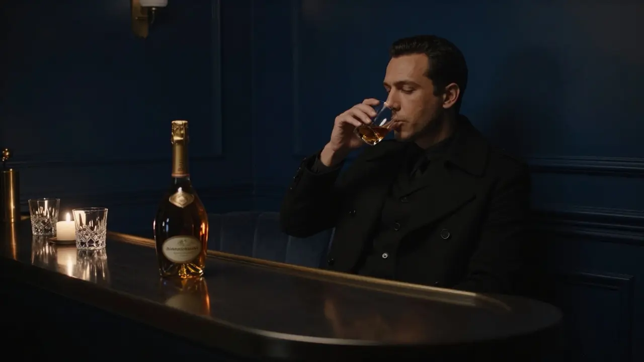 A man in a tailored coat sips whiskey in a dim, exclusive lounge, surrounded by luxury and stillness.