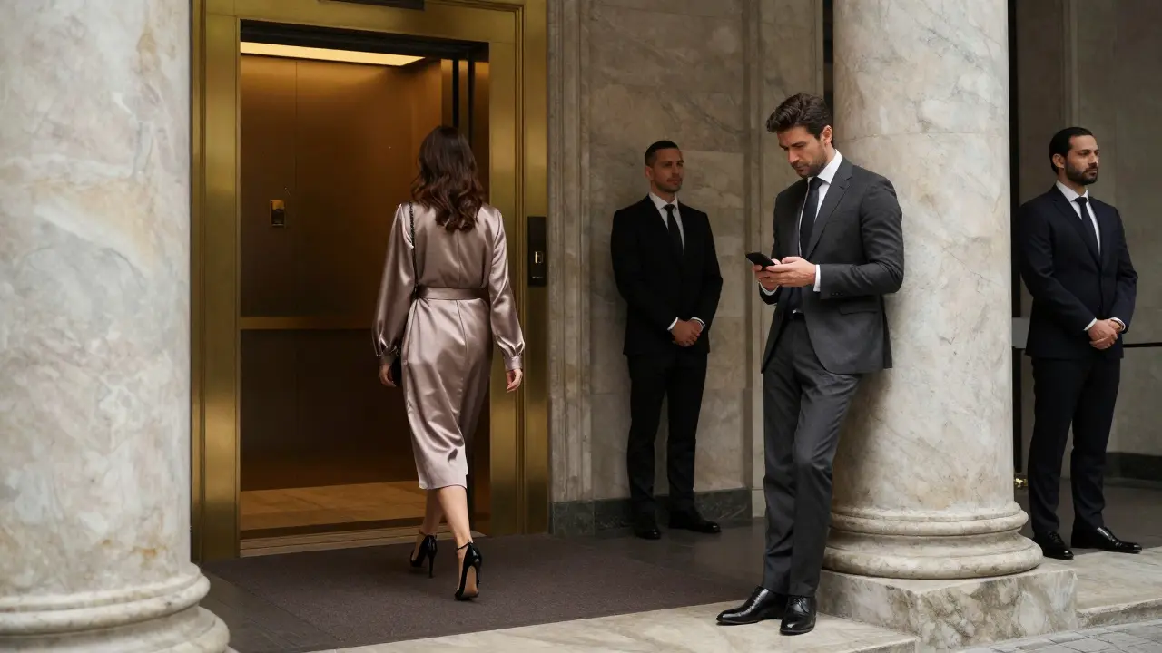 A man waits quietly in the opulent lobby of Milan's Four Seasons as a woman approaches from a private elevator, emphasizing discretion and elegance.