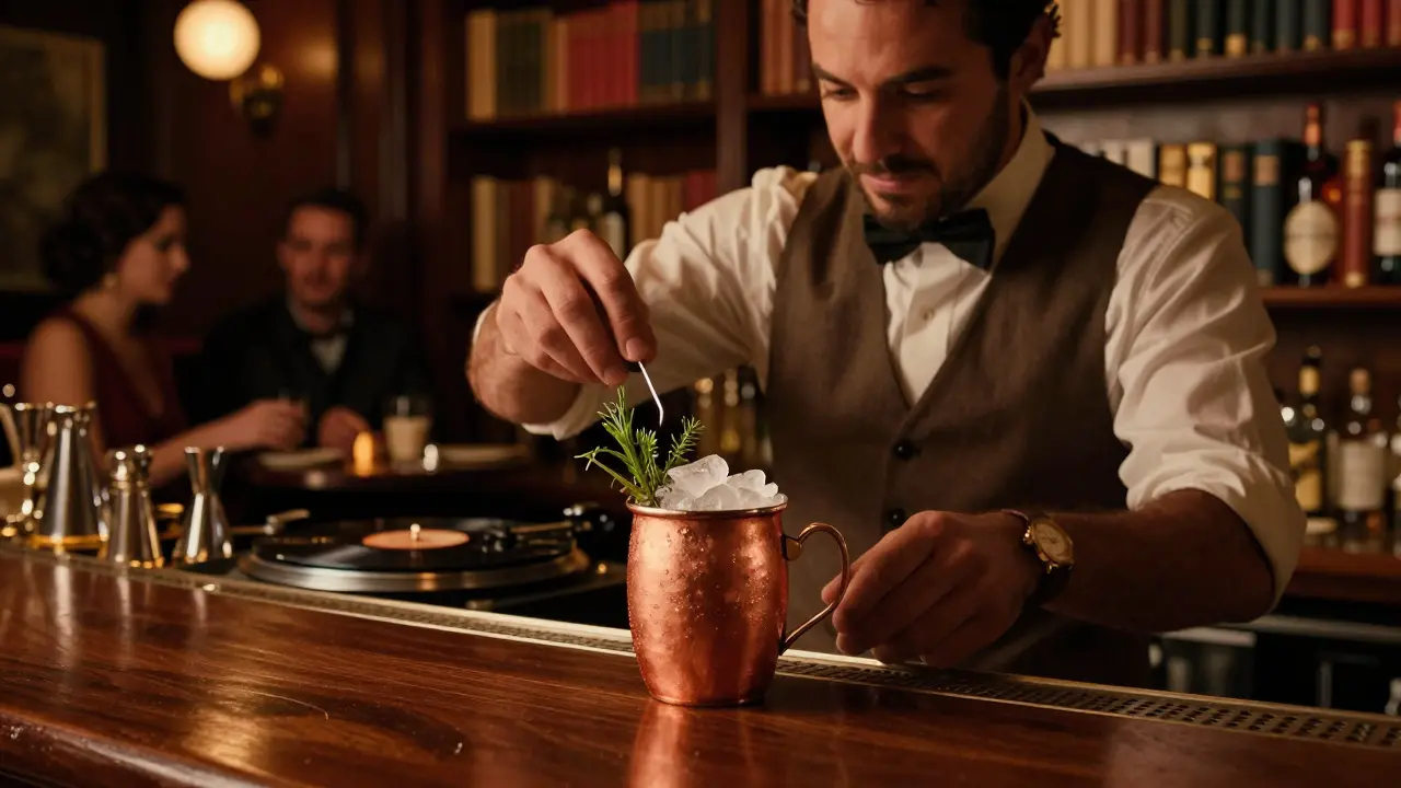 A mixologist crafting a cocktail in a hidden speakeasy with warm lighting and jazz playing softly.