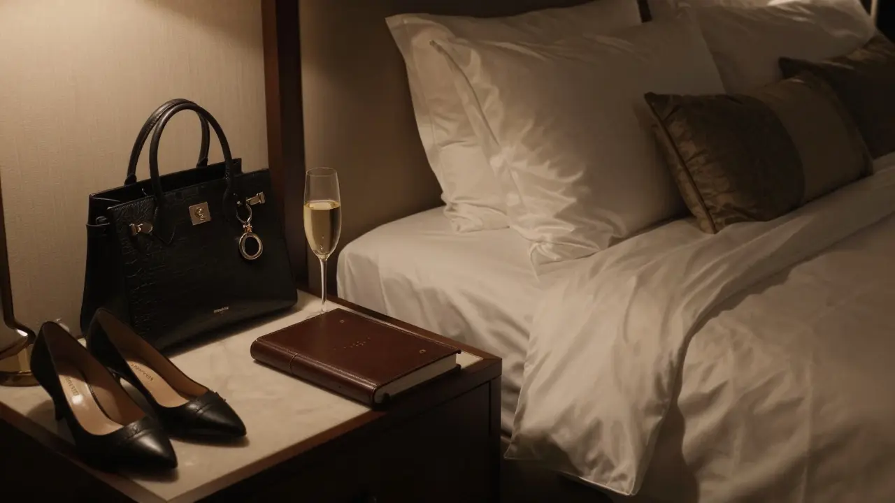 A private hotel suite in Palm Jumeirah with champagne, silk sheets, and elegant details, no people present.