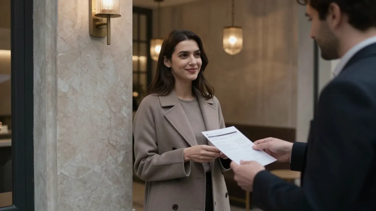 A professional meeting in a luxury hotel lobby in Paris, with a woman receiving a booking confirmation.